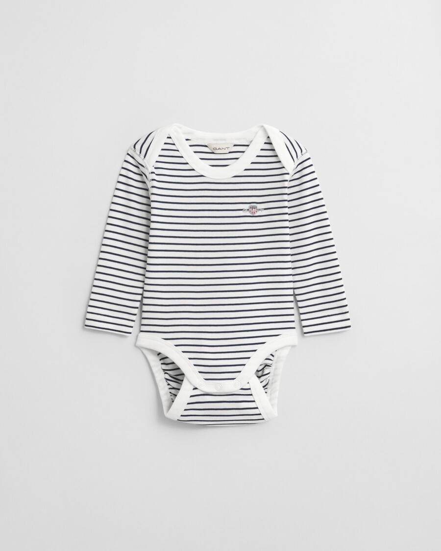 baby-body mit streifenmuster und schildmuster – weiß