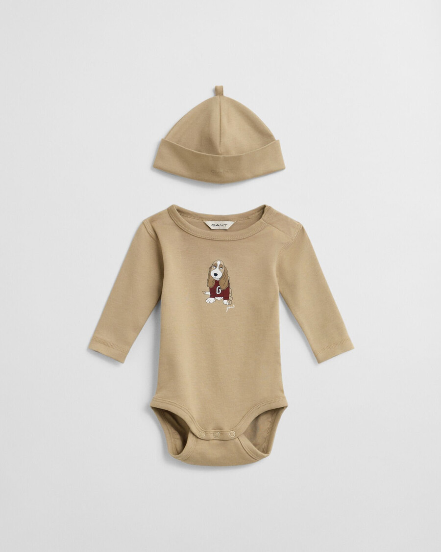 babybody und mütze mit hundeprint – dunkelkhaki