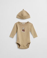babybody und mütze mit hundeprint – dunkelkhaki