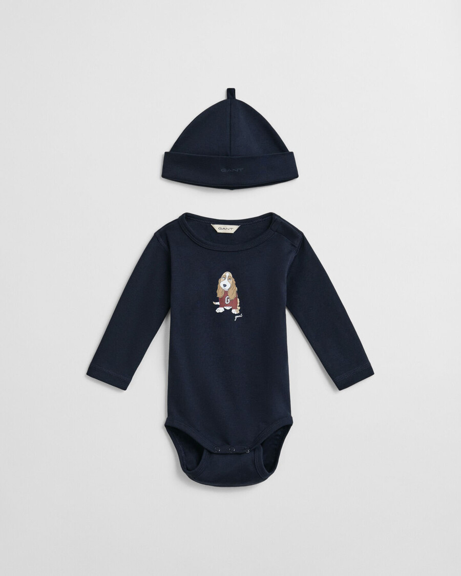 babybody und mütze mit hundemotiv – abendblau