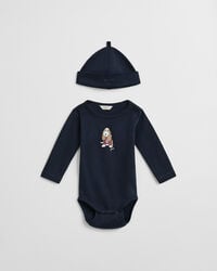babybody und mütze mit hundemotiv – abendblau