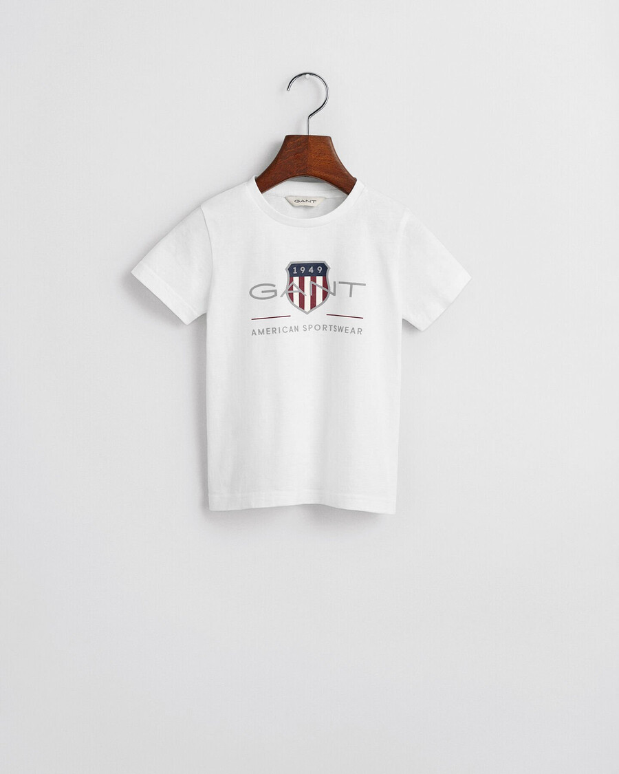 kinder-t-shirt mit archivschild – weiß