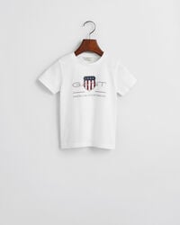 kinder-t-shirt mit archivschild – weiß