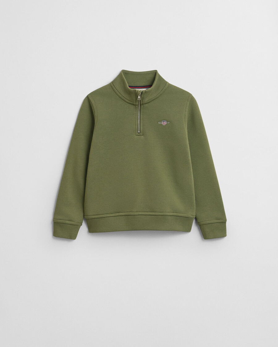 kinder-sweatshirt mit halbem reißverschluss und schildmotiv – olivgrün