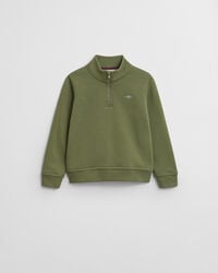 kinder-sweatshirt mit halbem reißverschluss und schildmotiv – olivgrün