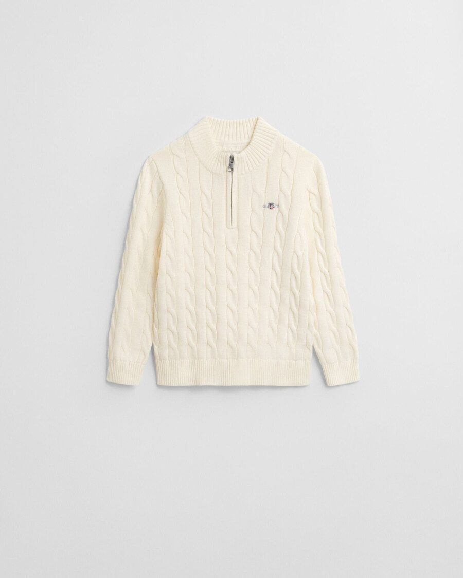 kinder-baumwollpullover mit zopfmuster und halbem reißverschluss – creme