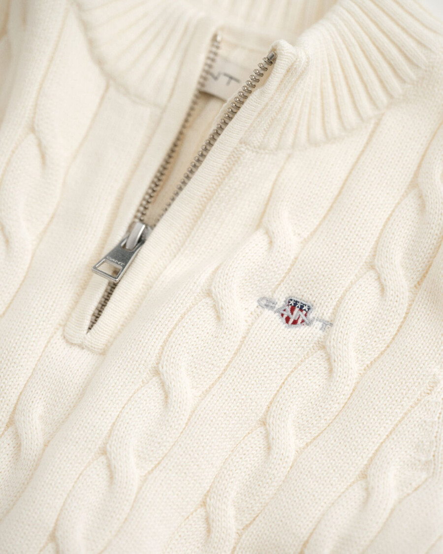 kinder-baumwollpullover mit zopfmuster und halbem reißverschluss – creme