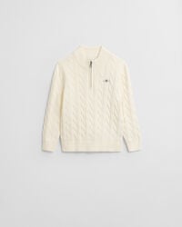 kinder-baumwollpullover mit zopfmuster und halbem reißverschluss – creme