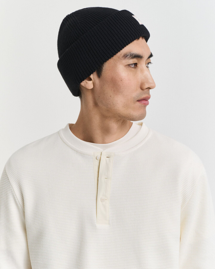 langarm-henley-t-shirt mit waffelstruktur – creme
