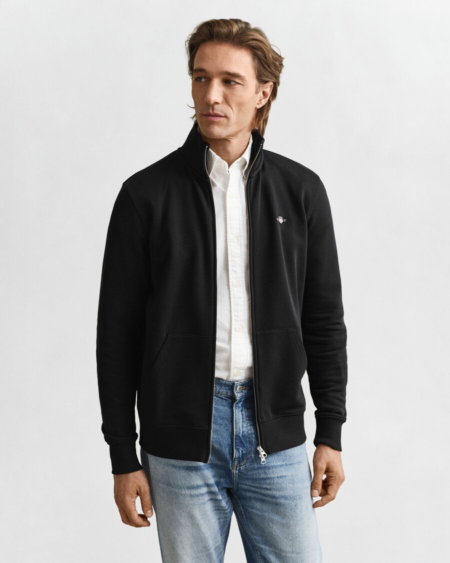 sweatshirt mit reißverschluss und schildmotiv – schwarz