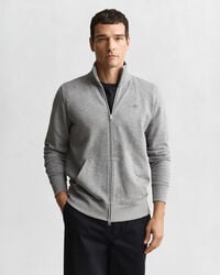 sweatshirt mit reißverschluss und schildmuster – graumeliert