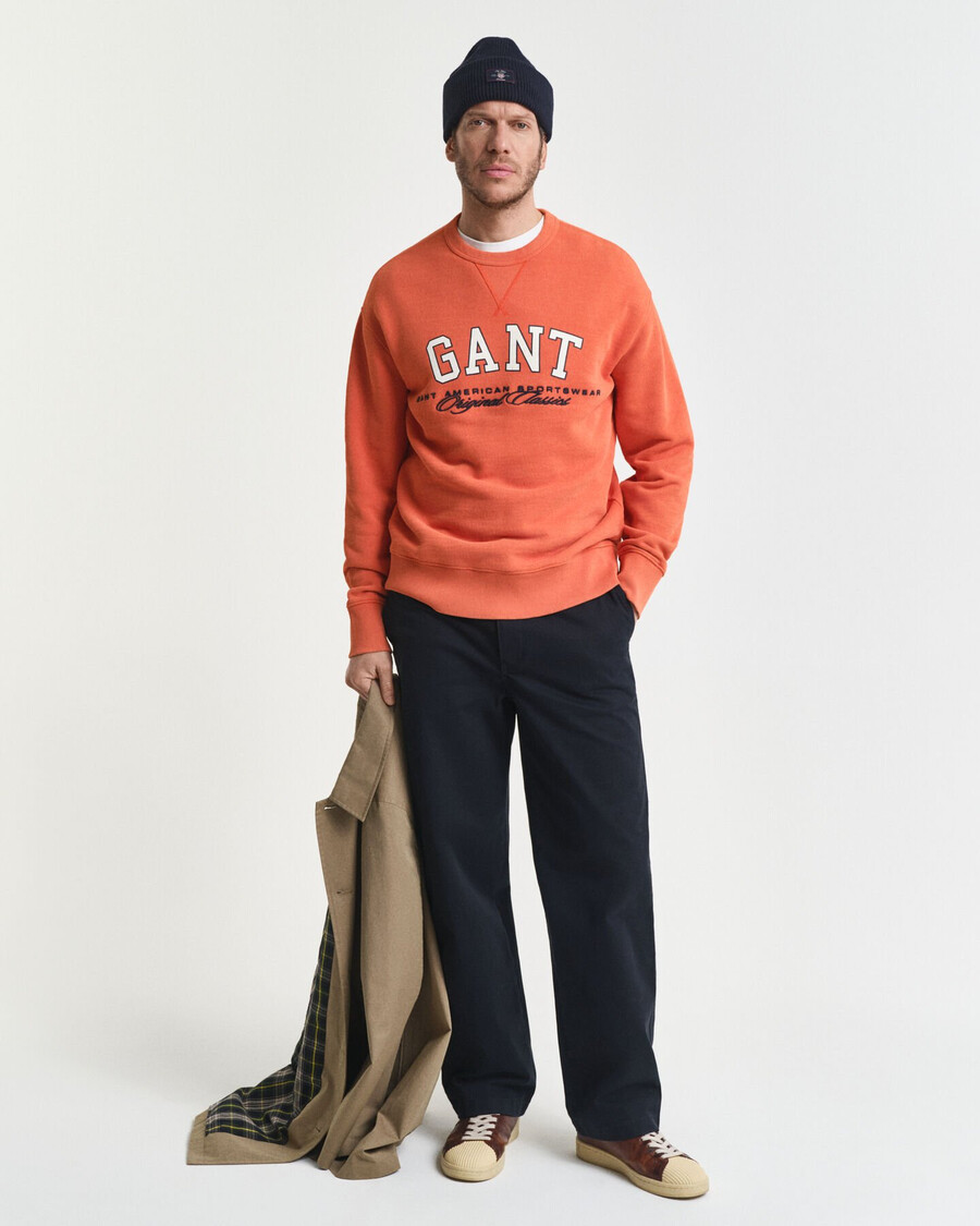 college-sweatshirt mit grafikprint und rundhalsausschnitt – dunkelorange