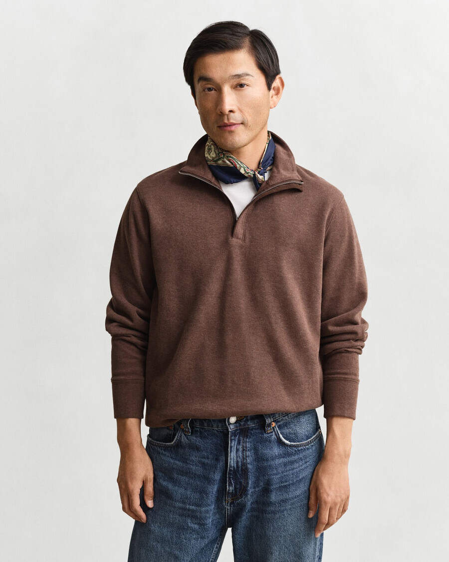 leichtes sacker rib halfzip sweatshirt - dunkelbraun meliert