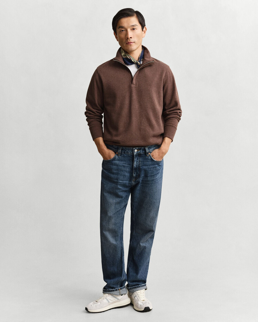 leichtes sacker rib halfzip sweatshirt - dunkelbraun meliert