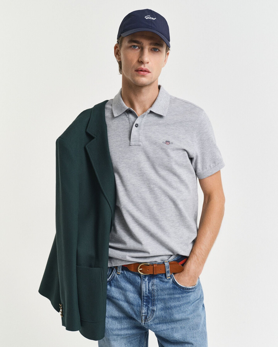 slim fit shield piqué-poloshirt – grau melange