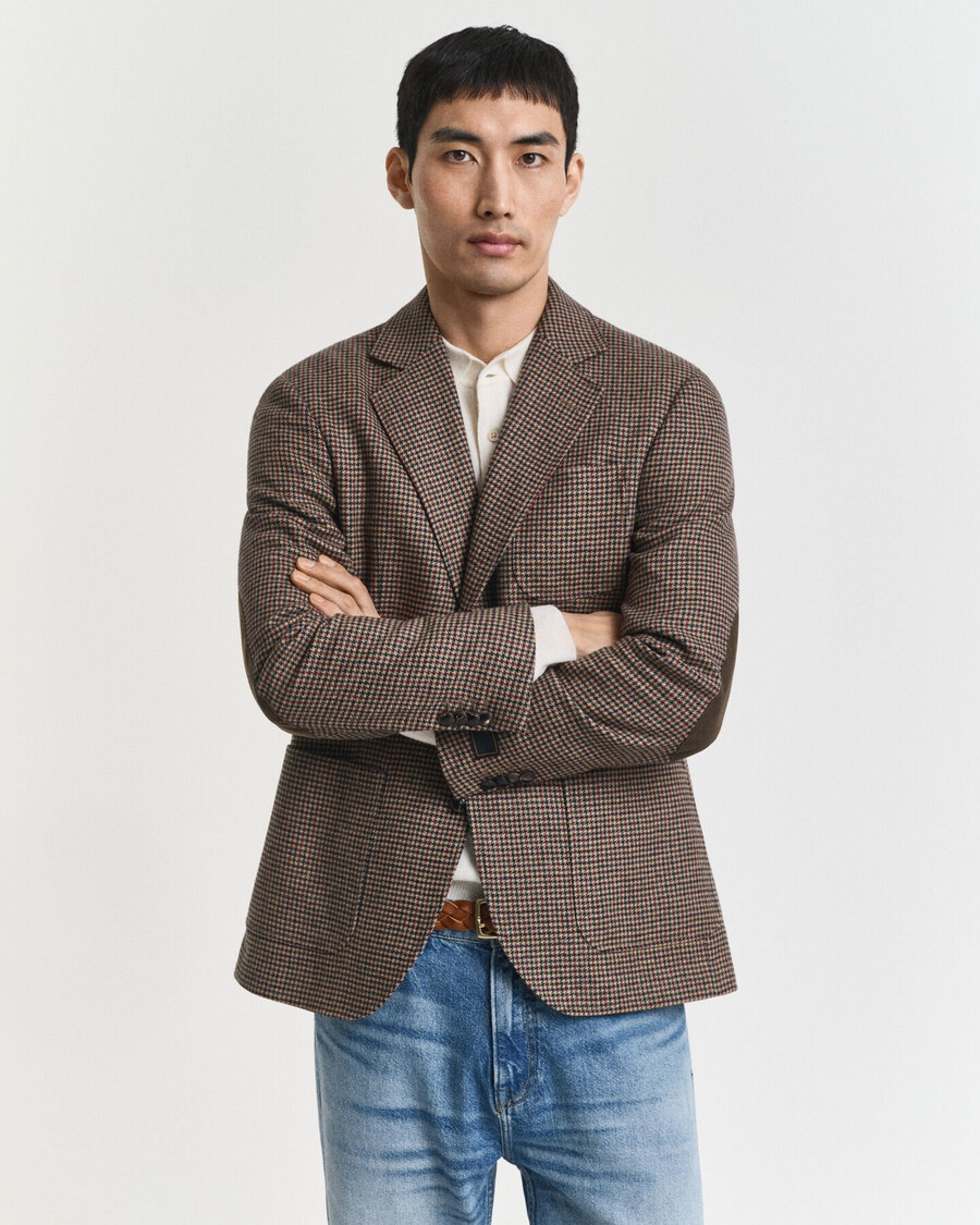 schmal geschnittener blazer mit hahnentrittmuster – helltaupe
