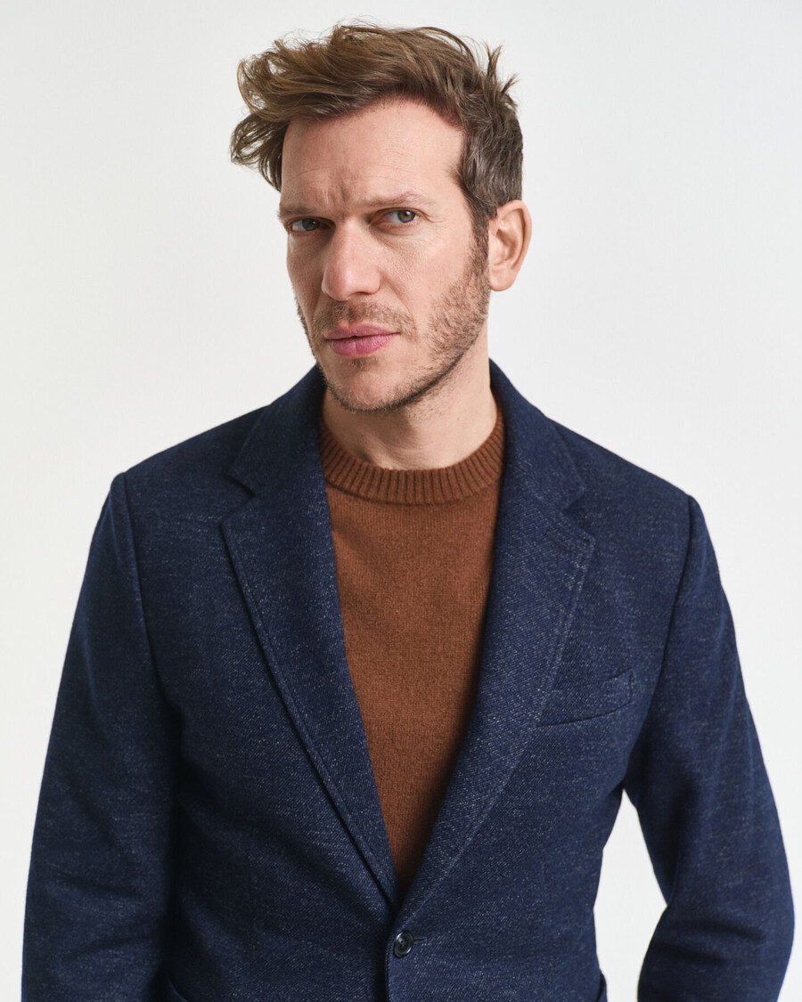 zweifarbiger blazer aus woll-baumwoll-jersey – abendblau