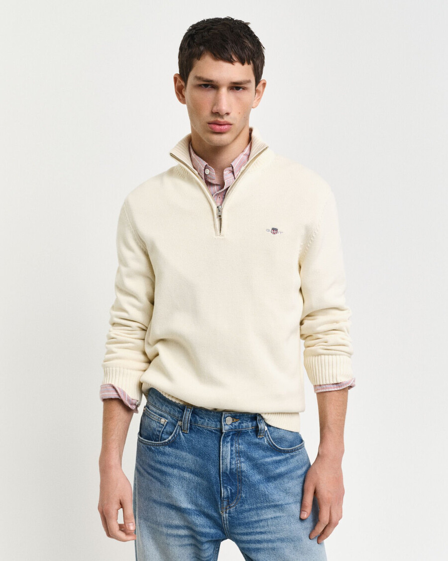 lässiger baumwollpullover mit halbem reißverschluss – creme