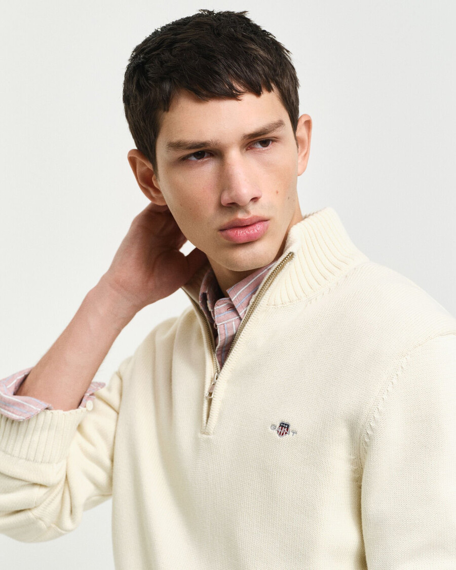 lässiger baumwollpullover mit halbem reißverschluss – creme