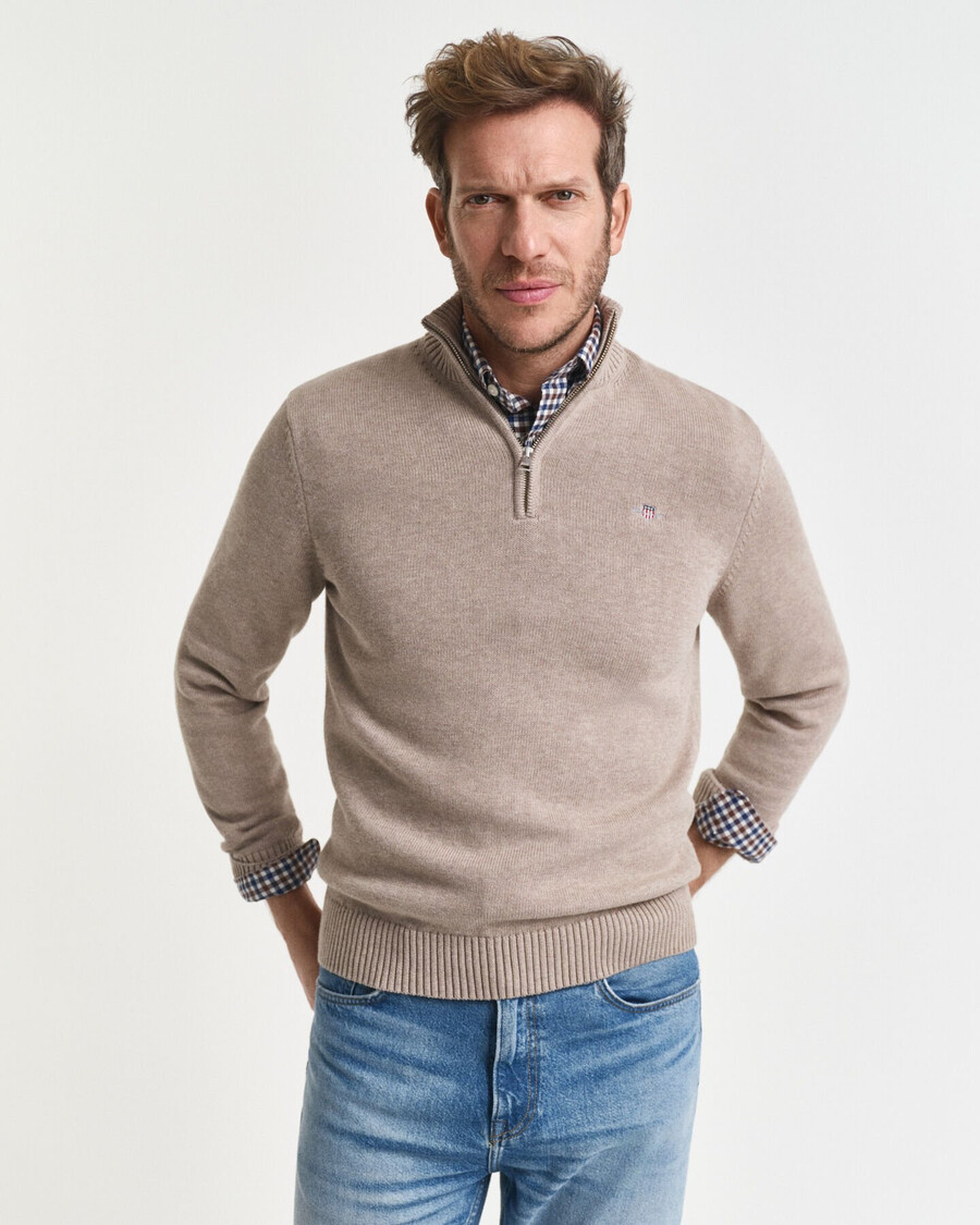 lässiger baumwollpullover mit halbem reißverschluss – dunkelbeige meliert