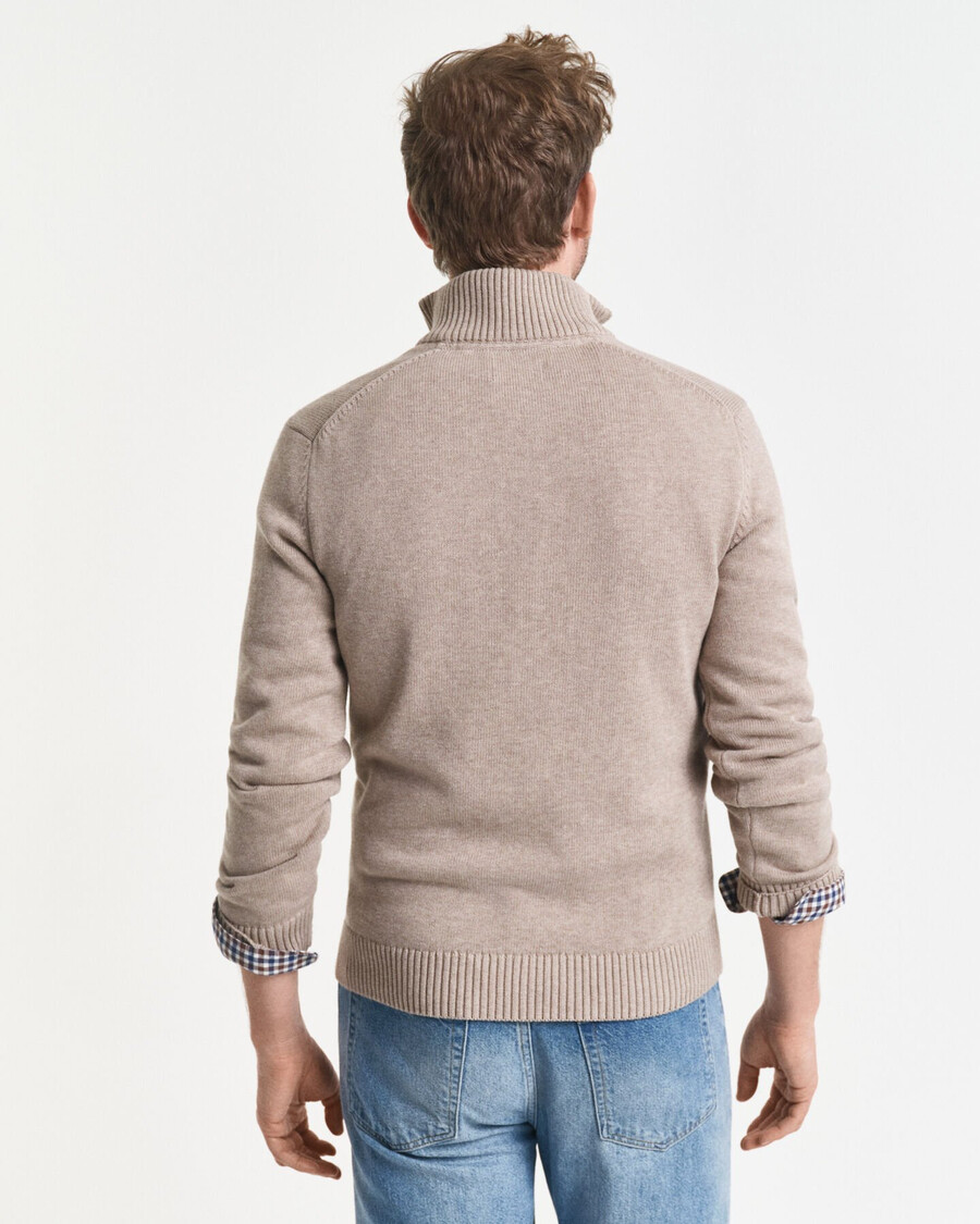 lässiger baumwollpullover mit halbem reißverschluss – dunkelbeige meliert