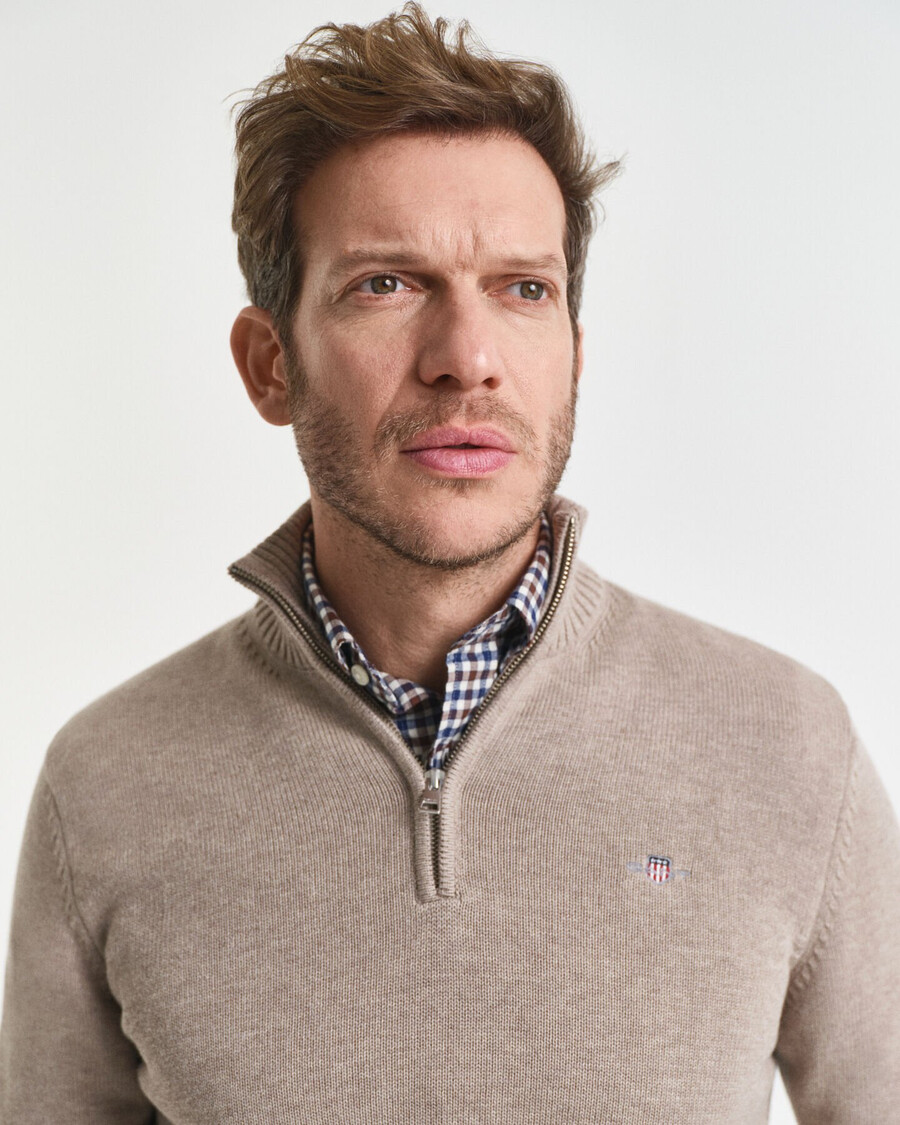 lässiger baumwollpullover mit halbem reißverschluss – dunkelbeige meliert