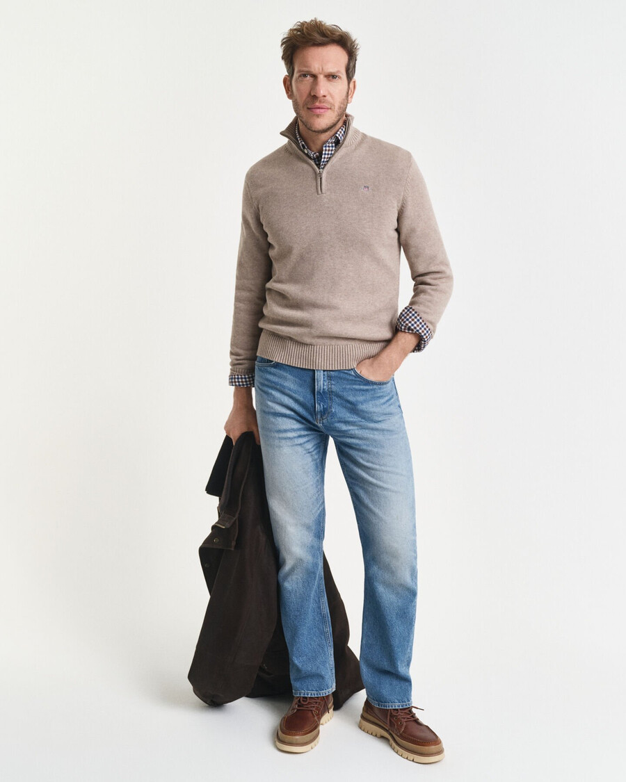 lässiger baumwollpullover mit halbem reißverschluss – dunkelbeige meliert