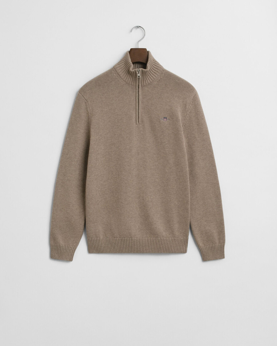 lässiger baumwollpullover mit halbem reißverschluss – dunkelbeige meliert