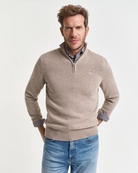 lässiger baumwollpullover mit halbem reißverschluss – dunkelbeige meliert