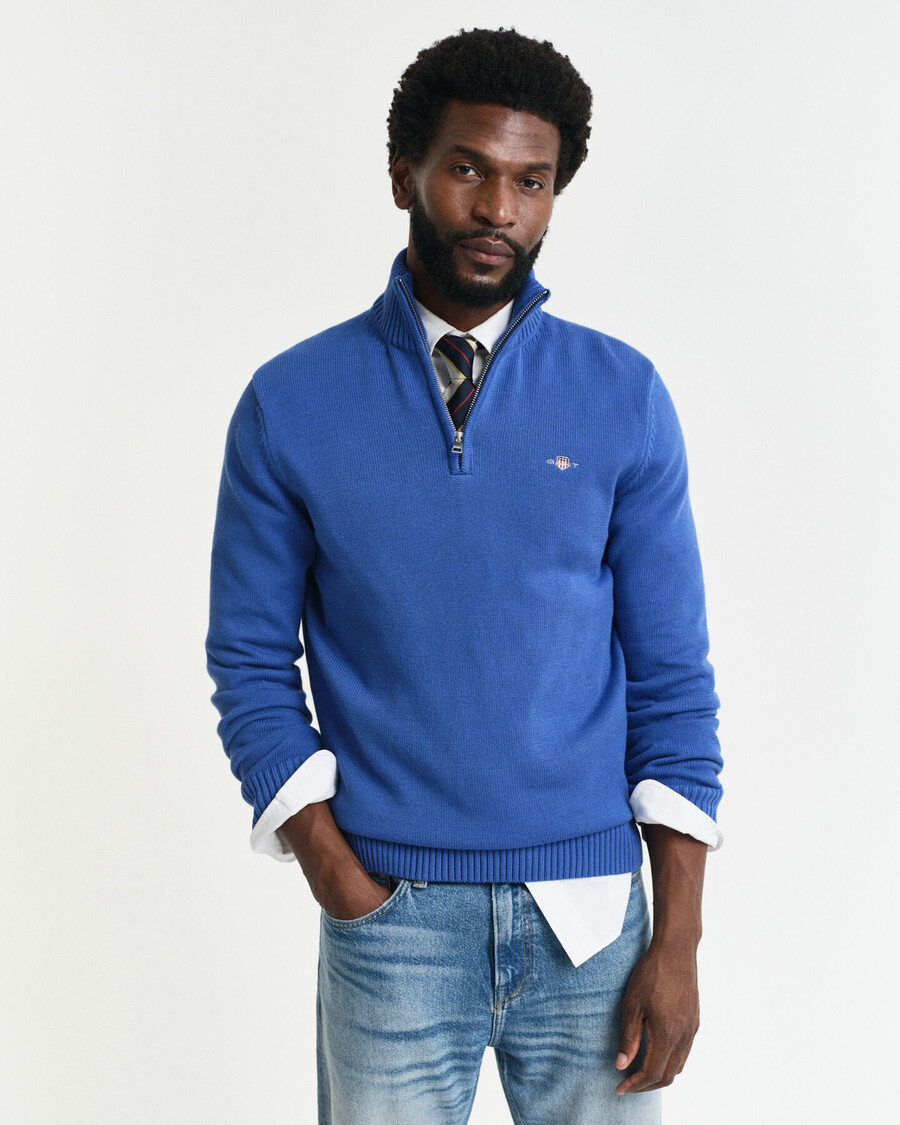 lässiger baumwollpullover mit halbem reißverschluss – sattes blau