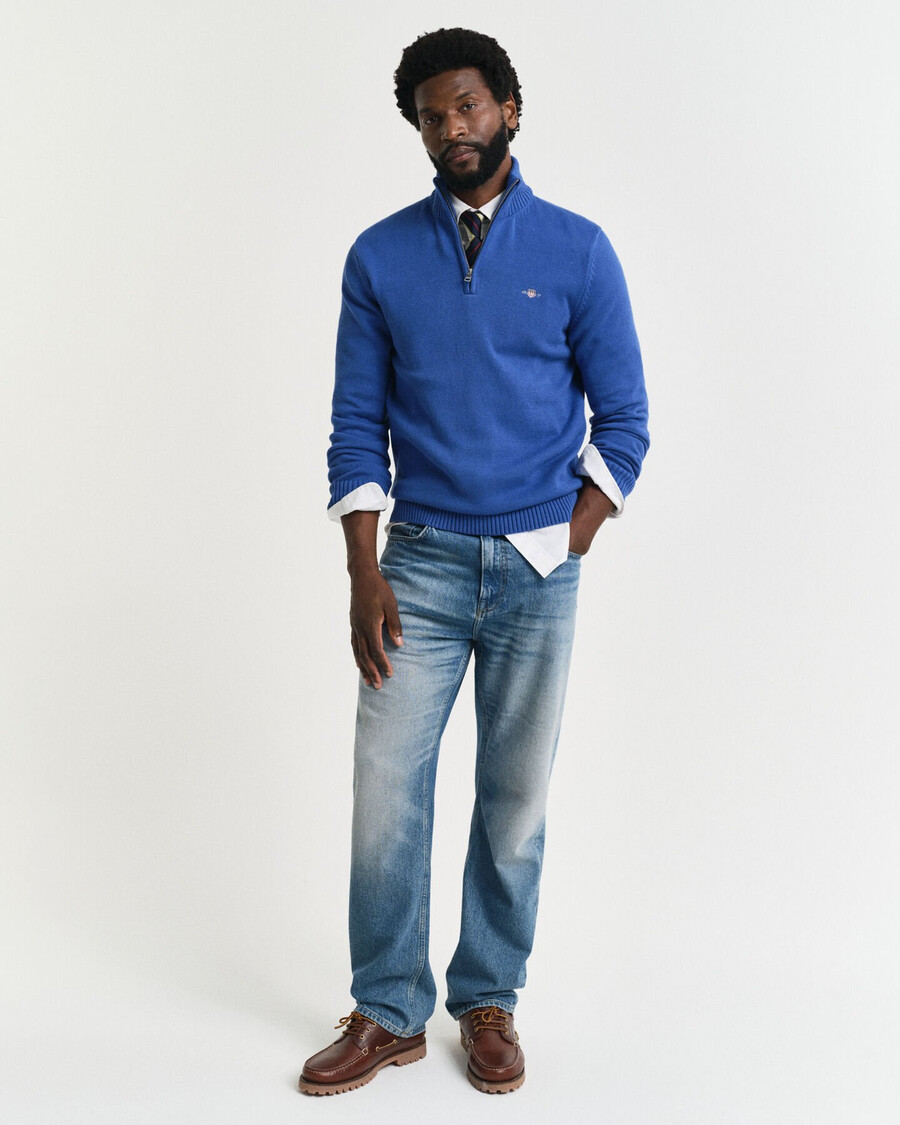 lässiger baumwollpullover mit halbem reißverschluss – sattes blau