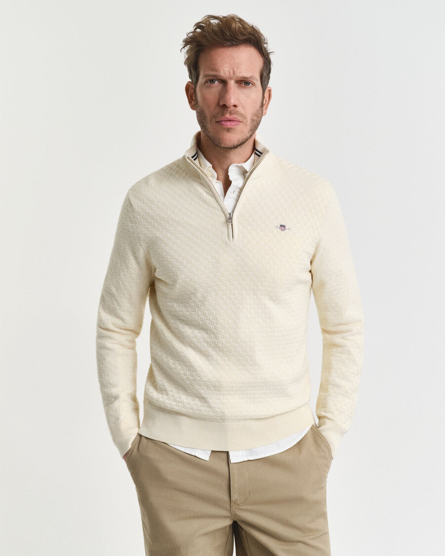 fein strukturierter halfzip-pullover – creme