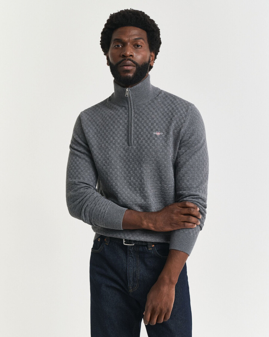 halbzip-pullover mit mikrotextur – dunkelgrau meliert