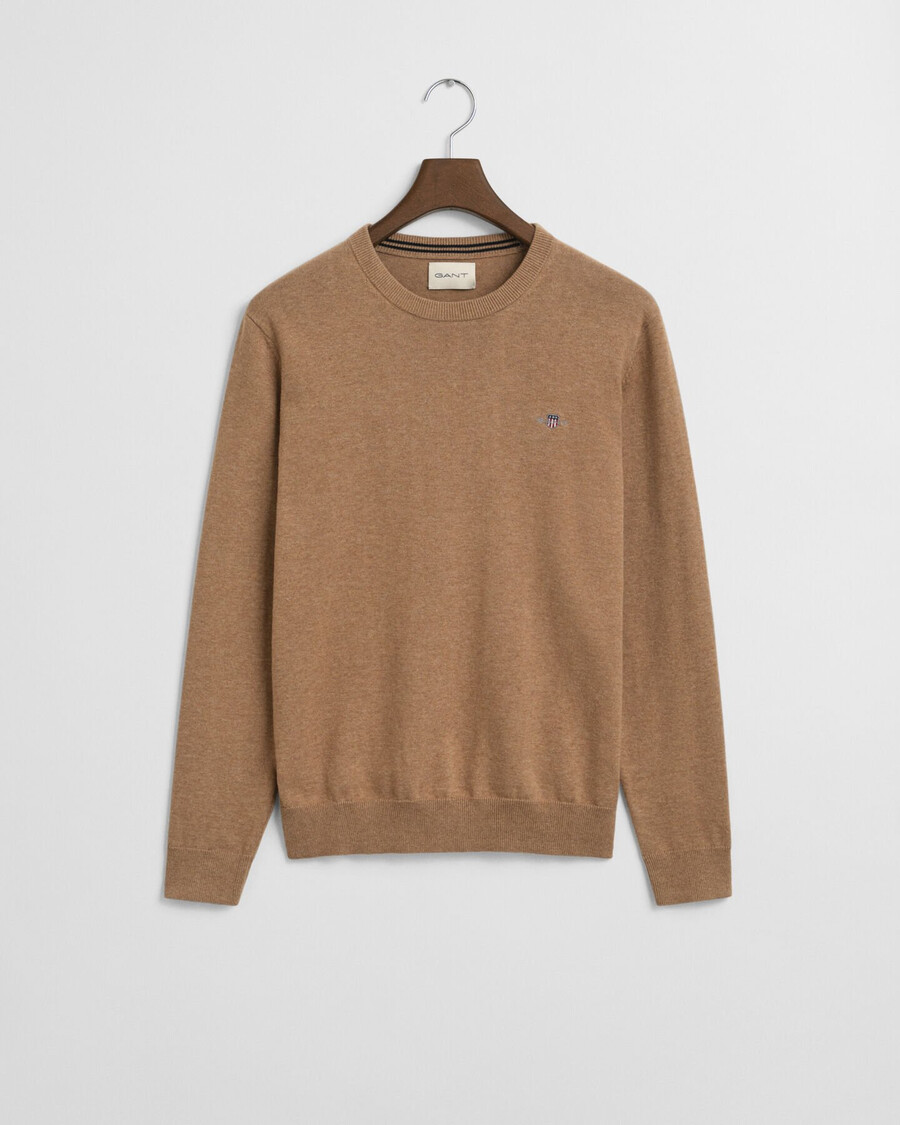 klassischer baumwollpullover mit rundhalsausschnitt – dunkelbeige meliert