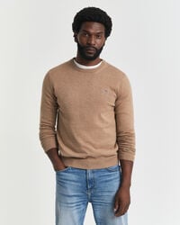 klassischer baumwollpullover mit rundhalsausschnitt – dunkelbeige meliert