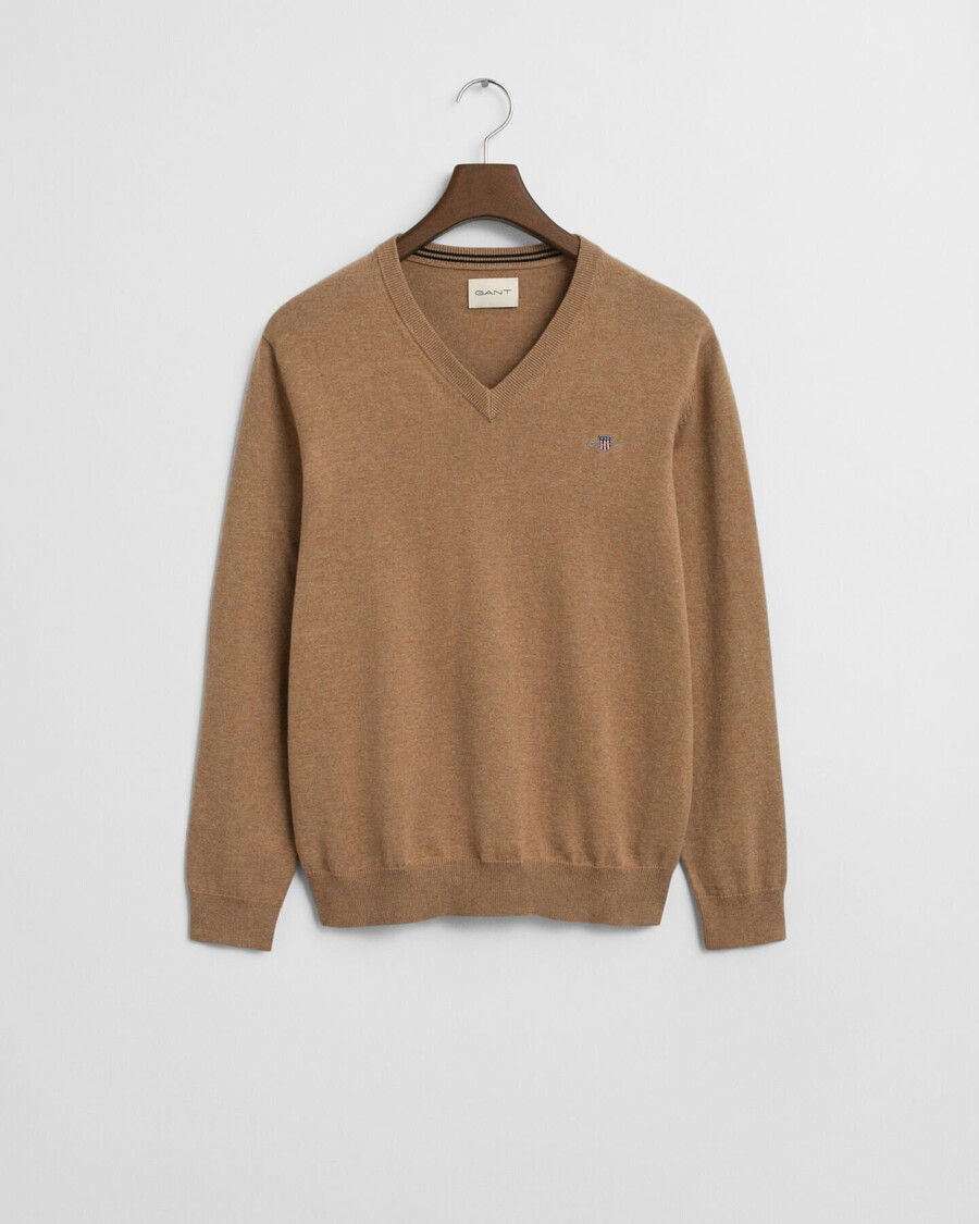 klassischer baumwollpullover mit v-ausschnitt – dunkelbeige meliert