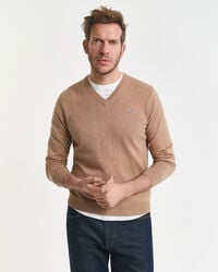 klassischer baumwollpullover mit v-ausschnitt – dunkelbeige meliert