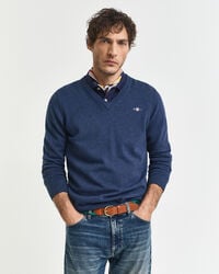 klassischer baumwollpullover mit v-ausschnitt - dunkelblau meliert