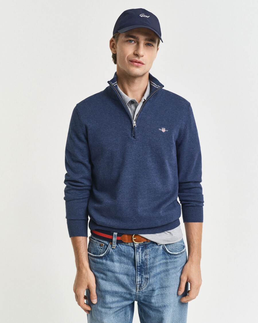 klassischer baumwoll-pullover mit halbem reißverschluss – dunkelblau meliert