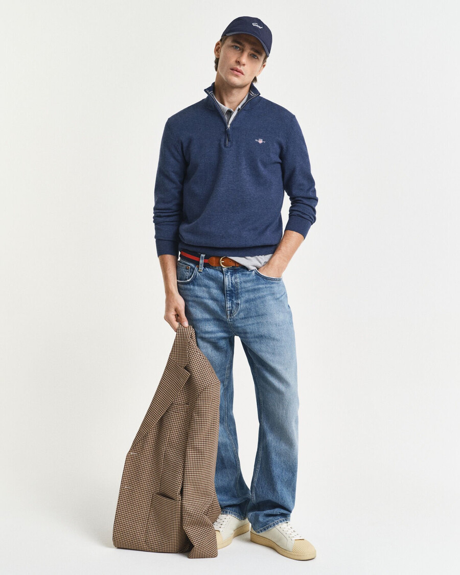 klassischer baumwoll-pullover mit halbem reißverschluss – dunkelblau meliert