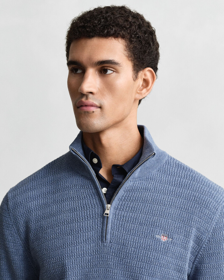 mini-zopfstrickpullover mit halbem reißverschluss – denimblau meliert