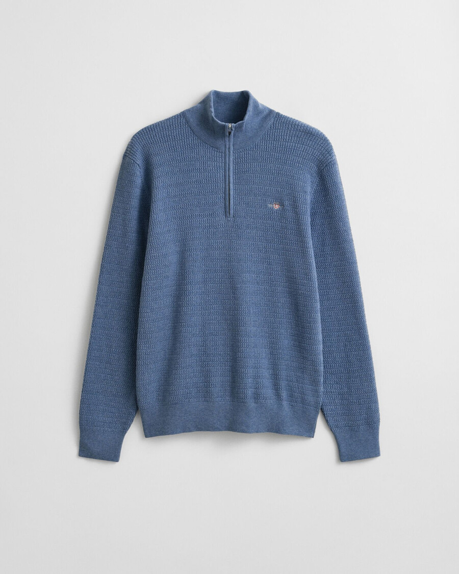 mini-zopfstrickpullover mit halbem reißverschluss – denimblau meliert