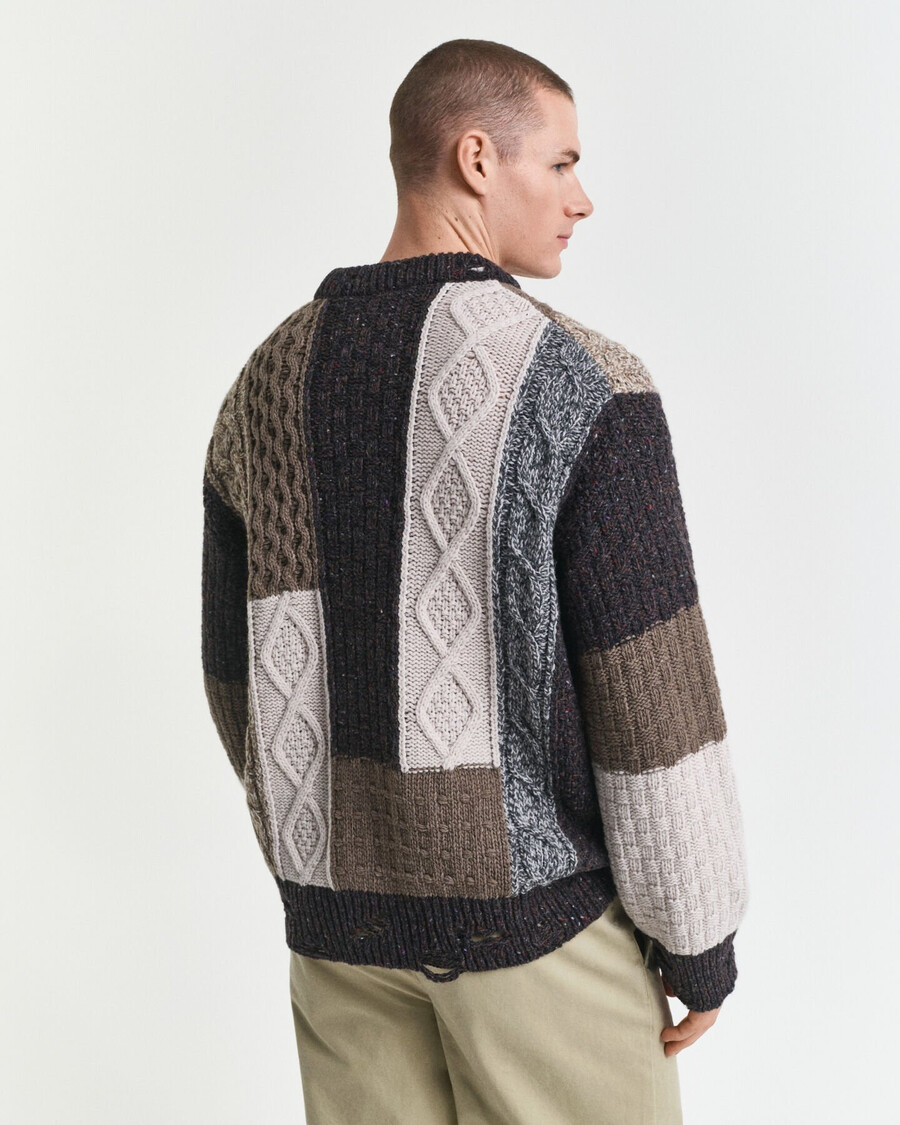 patchwork-pullover mit rundhalsausschnitt – dunkelbraun meliert