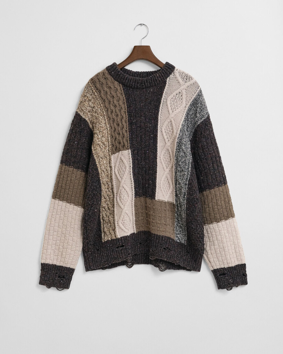 patchwork-pullover mit rundhalsausschnitt – dunkelbraun meliert