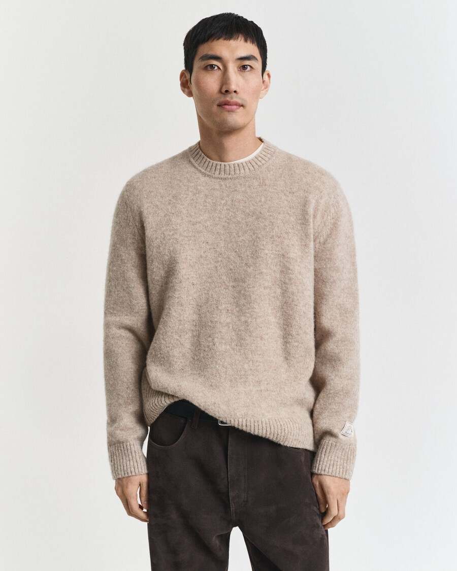 schottischer wollpullover mit rundhalsausschnitt – khaki-melange