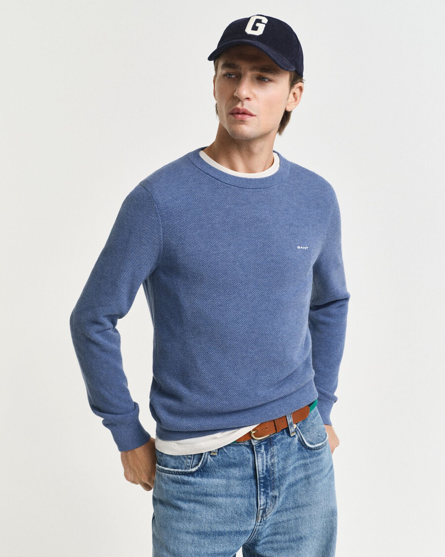rundhalspullover aus baumwollpiqué – denimblau meliert