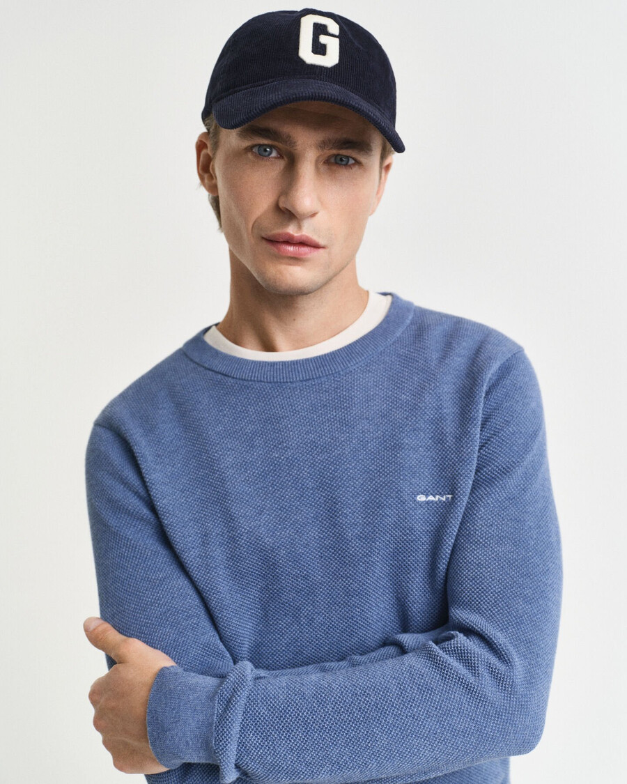 rundhalspullover aus baumwollpiqué – denimblau meliert