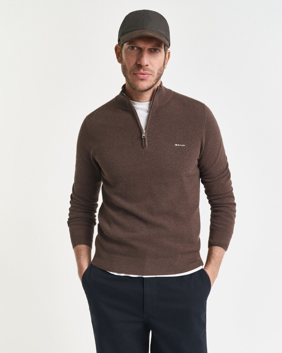 halbzip-pullover aus baumwollpiqué – braunmeliert