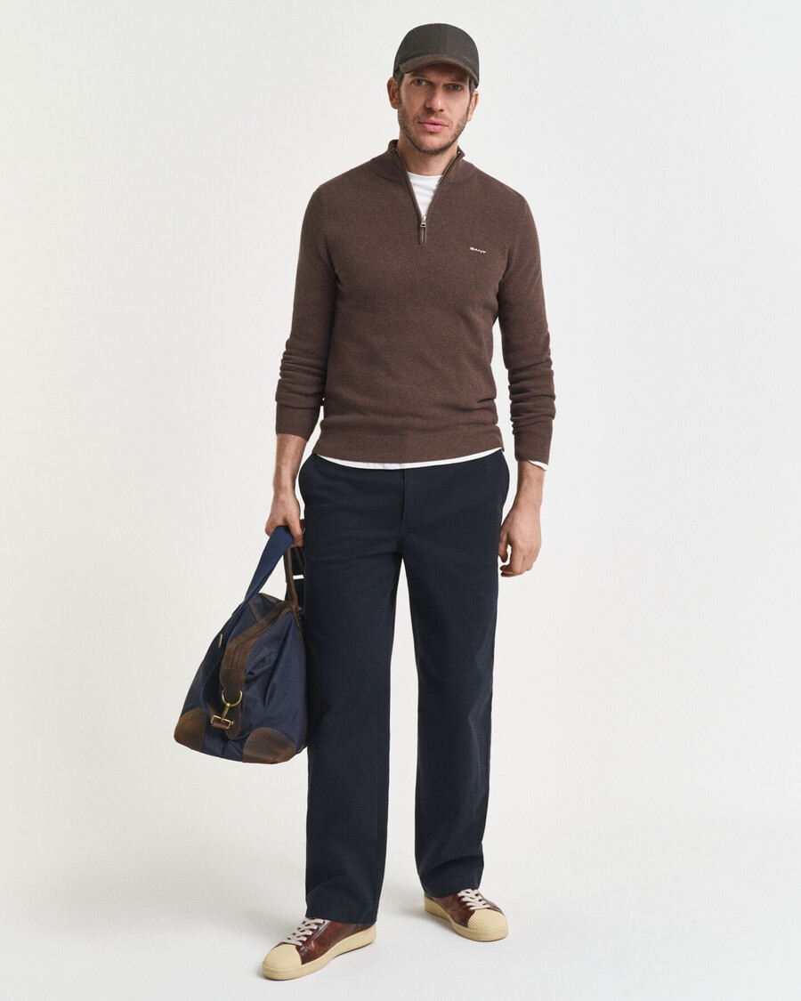 halbzip-pullover aus baumwollpiqué – braunmeliert