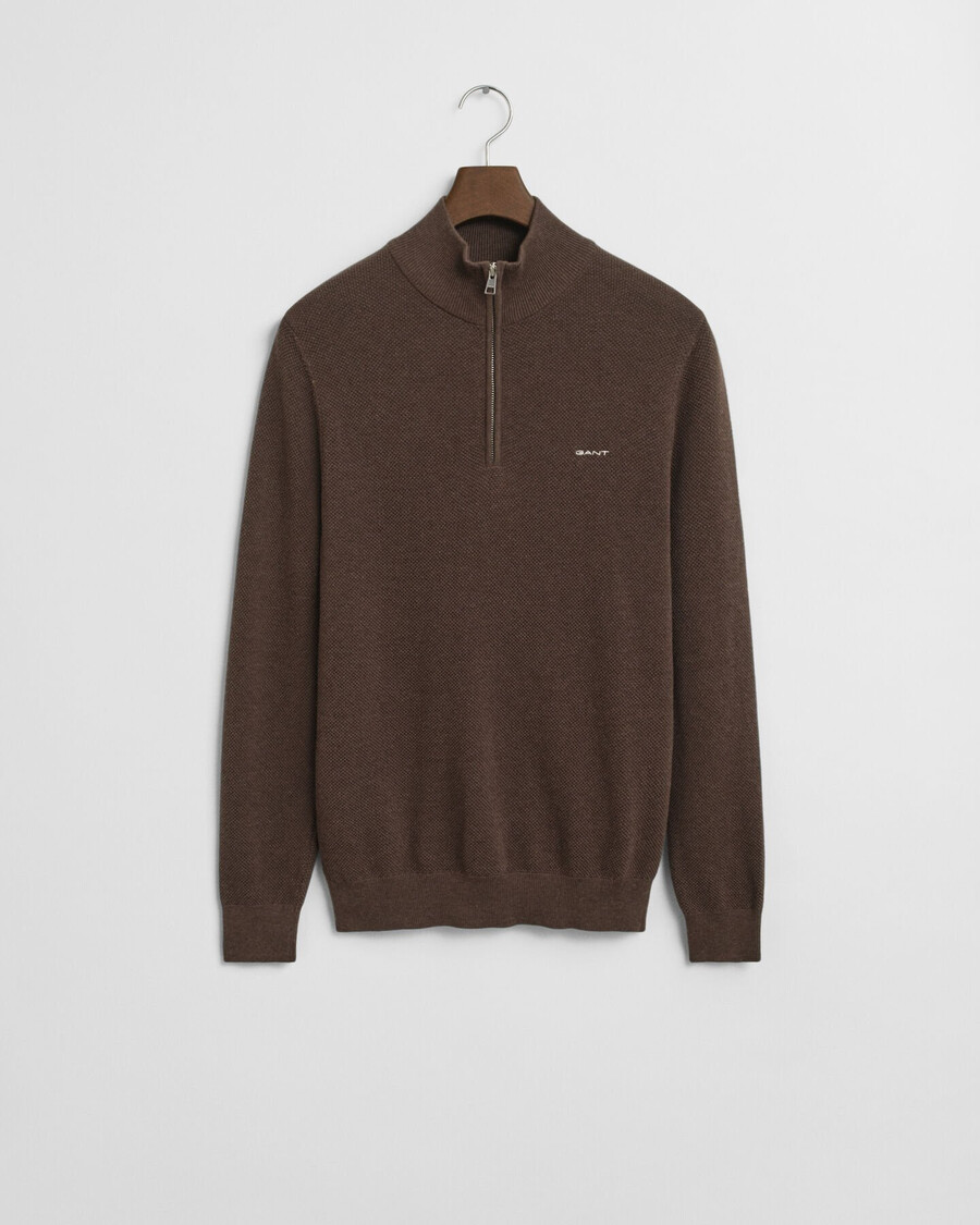 halbzip-pullover aus baumwollpiqué – braunmeliert
